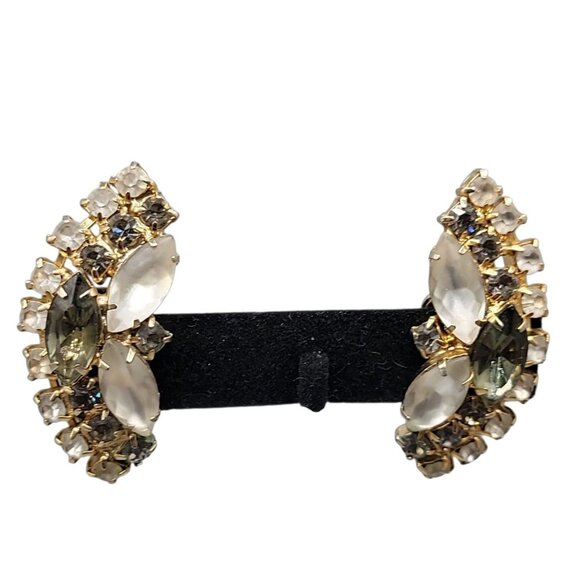 Elsa Schiaparelli Clip On Earrings Vtg 1950s Smokey Quartz Frosty Glass Unsigned - Picture 9 of 12
